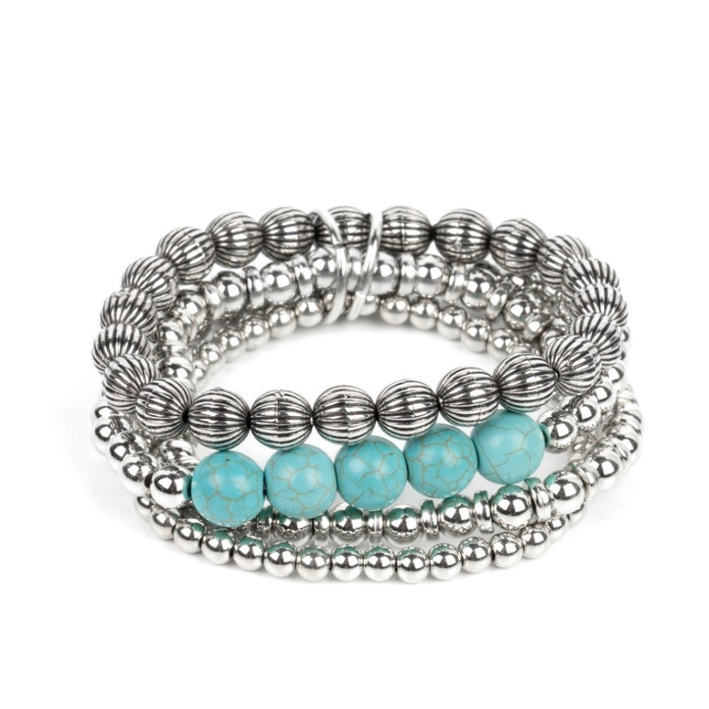 Silver and Turquoise Beaded Bracelet Set Wildland Wanderer - Blue Fashion